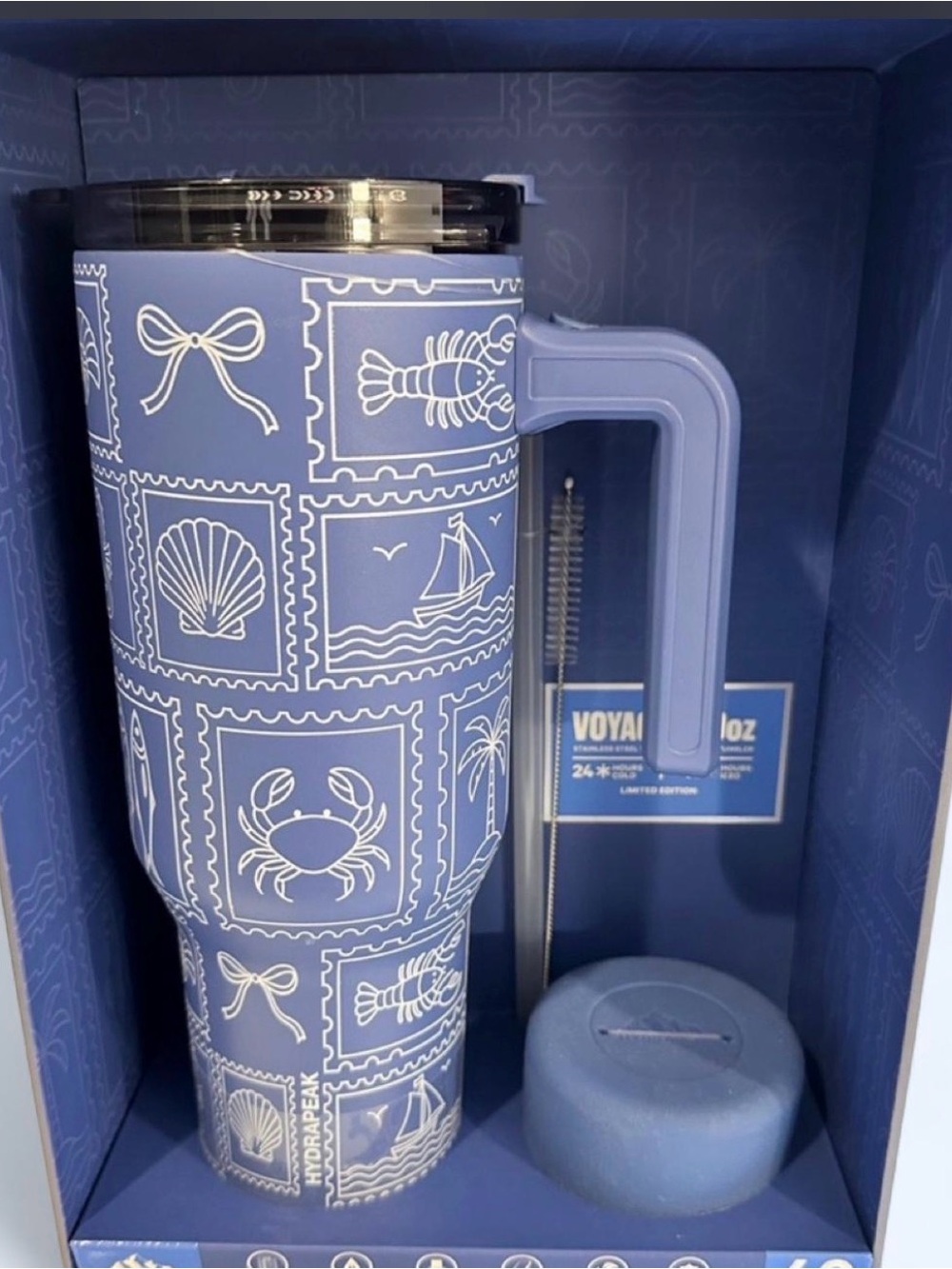 Hydro Flask Style Blue Nautical Travel Mug with Handle
